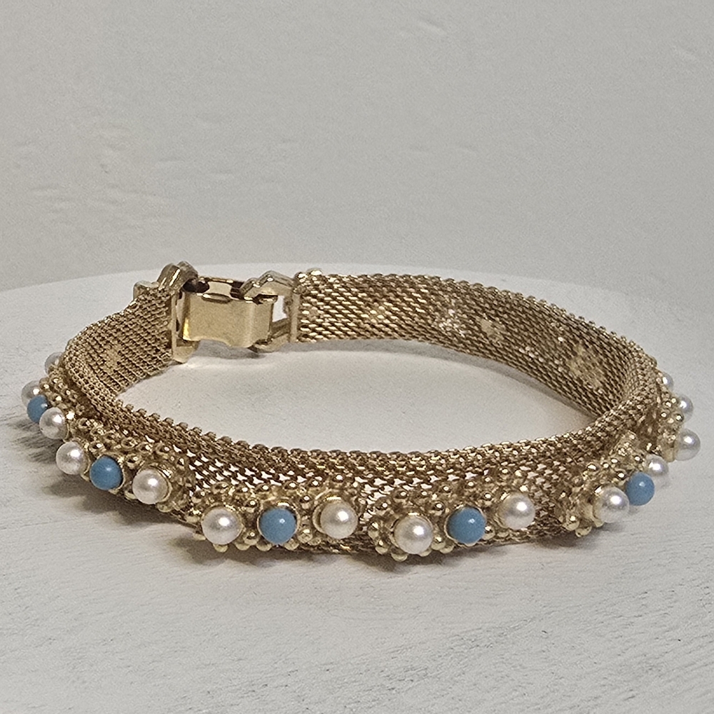 Vintage Faux Bead Gold Tone Mesh- Like Bracelet REPAIR [Read Details]
